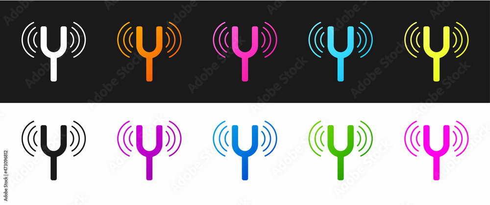 Poster set musical tuning fork for tuning musical instruments icon isolated on black and white background. 