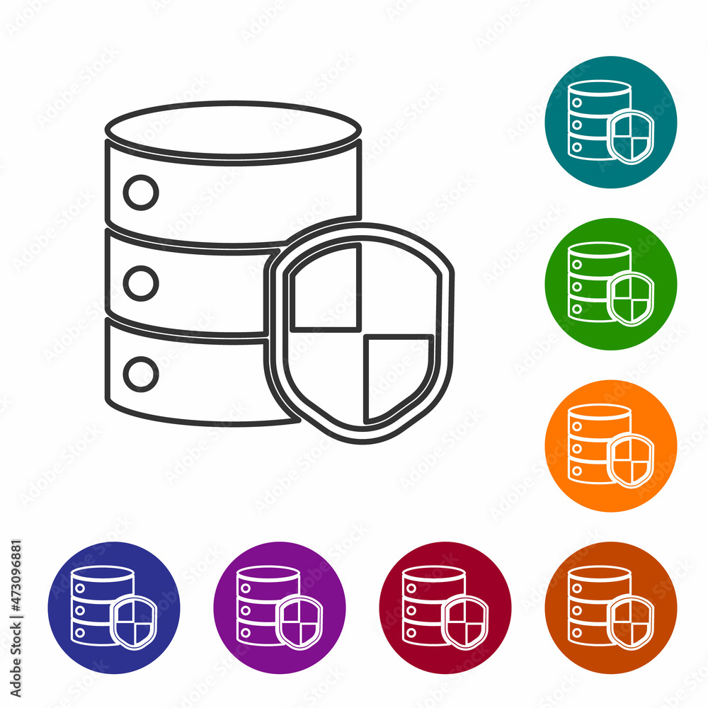 Poster black line server with shield icon isolated on white background. protection against attacks. network