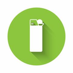 White Lighter icon isolated with long shadow background. Green circle button. Vector