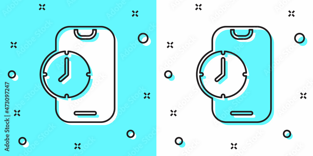 Poster black line alarm clock app smartphone interface icon isolated on green and white background. random 