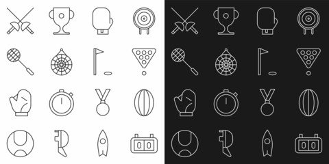 Set line Sport mechanical scoreboard, Rugby ball, Billiard balls in rack triangle, Boxing glove, Classic dart, Tennis racket, Fencing and Golf flag icon. Vector