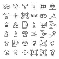 Set of metaverse icons. Thin line icons such as VR, AR, blockchain technology, cloud computing, cryptocurrency, and intelligent artificial Editable stroke. Pixel perfect 64x64 For web and mobile.