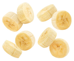 Pieces of tasty banana collection, isolated on white background