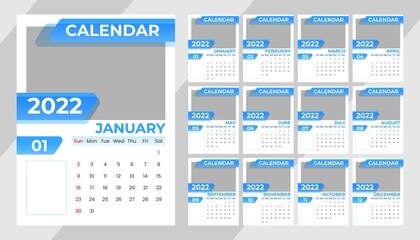 Elegant Blue 2022 Calendar Template Design New Year Printable with Space for Photos