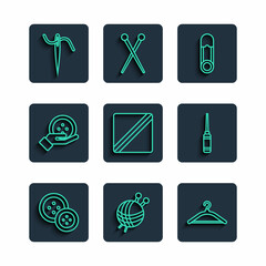 Set line Sewing button, Yarn ball with knitting needles, Hanger wardrobe, Safety pin, Pattern, Needle for sewing thread and Awl tool icon. Vector