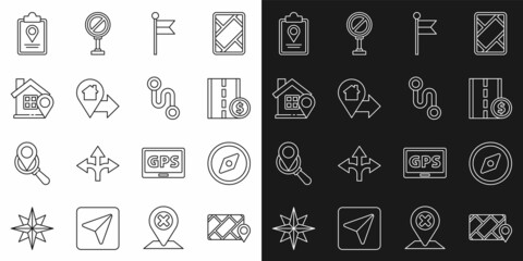 Set line City map navigation, Compass, Toll road traffic sign, Location marker, with house, Folded location and Route icon. Vector