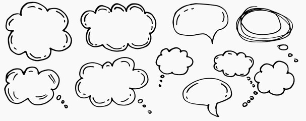 Doodle thinking clouds, chat cartoon bubbles. Hand drawn set. Collection of elements for design, isolated