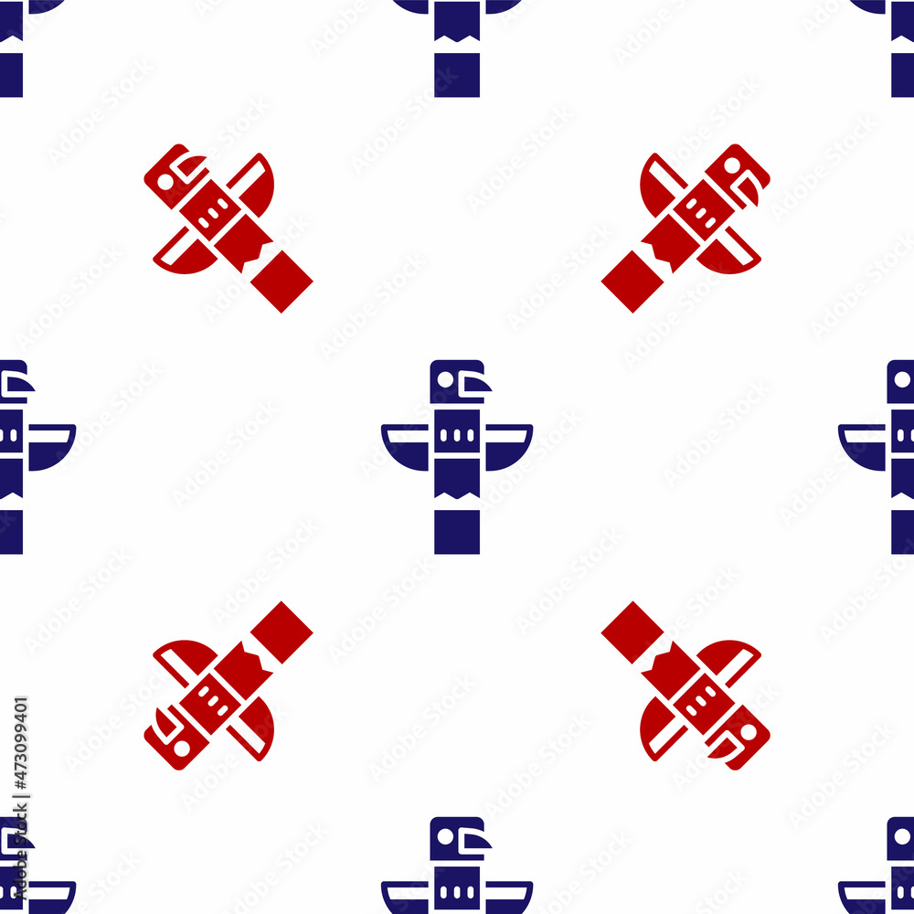 Sticker blue and red canadian totem pole icon isolated seamless pattern on white background. vector