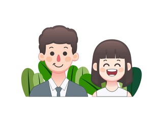 Couple Illustration. Boyfriend and girlfriend look Happy and Cute Avatar front view