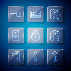 Set line Door handle, Unlocked key, Car with remote, Bunch of keys, Lock, Eye scan, Key and House icon. Vector