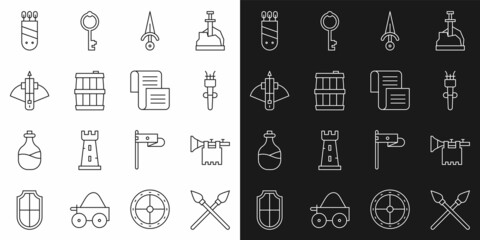Set line Crossed medieval spears, Trumpet with flag, Torch flame, Dagger, Wooden barrel, Battle crossbow arrow, Quiver arrows and Decree, parchment, scroll icon. Vector