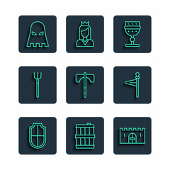 Set line Shield, Wooden barrel, Medieval castle gate, goblet, axe, Garden pitchfork, Executioner mask and flag icon. Vector