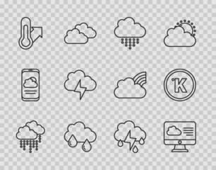Set line Cloud with rain, Weather forecast, Meteorology thermometer, Storm, and lightning and Kelvin icon. Vector