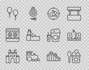 Set line Castle, Ice cream in bowl, Hunt on rabbit with crosshairs, Toy train, Balloons, Water slide, Roller coaster and Home stereo two speakers icon. Vector