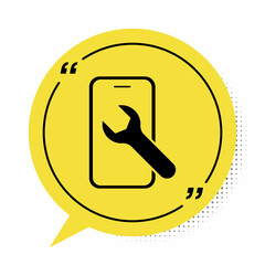 Black Mobile phone with wrench icon isolated on white background. Adjusting, service, setting, maintenance, repair. Yellow speech bubble symbol. Vector