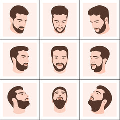 Collection of nine frames with images of handsome man with beard character on light blue background.Vector isolate flat design of Face expressions of adult man. Different male emotions set