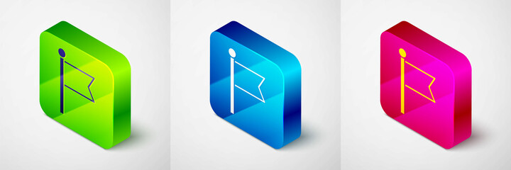 Isometric Flag icon isolated on grey background. Victory, winning and conquer adversity concept. Square button. Vector