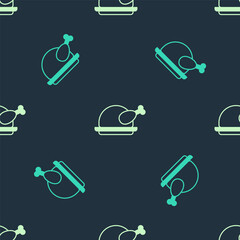 Green and beige Roasted turkey or chicken icon isolated seamless pattern on blue background. Vector