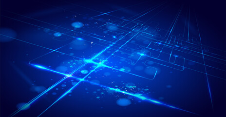 Obraz premium Abstract technological background. Futuristic illustration of high computer and communication technologies on a blue background. High tech digital technology, global social media concept.