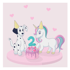 dog and unicorn with birthday cake