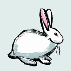 Illustration. A white rabbit on an isolated background. Drawing in the style of a careless retro sketch by hand. Vector.