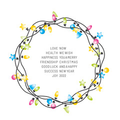 Merry Christmas and Happy New Year 2022 handwritten line design colorful circle Christmas element sign lights star ball tree bulb white isolated background vector
