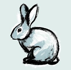 Illustration. A white rabbit on an isolated background. Drawing in the style of a careless retro sketch by hand. Vector.