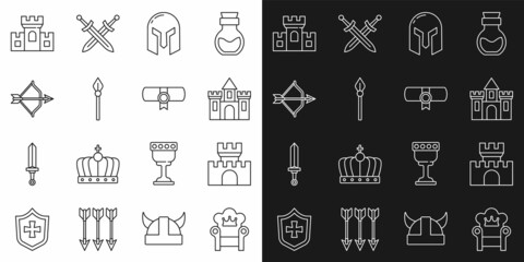 Set line Medieval throne, Castle, fortress, iron helmet, spear, bow and arrow, and Decree, parchment, scroll icon. Vector