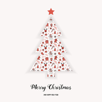 Christmas tree with hand drawn decorations and wishes. Vector