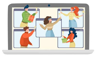A person is talking to friends through a laptop. The guy and the girl congratulate their friend friend on Christmas online. Online New Years celebration, party. Virtual sending of gifts.