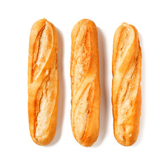 Three freshly baked baguette isolated on white background, top view