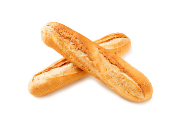 Two freshly baked baguette isolated on white background