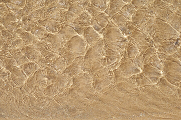 Transparent water ripple, sand waves and sunlight glare. Stream floor pattern