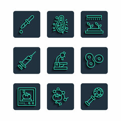 Set line 3D printing technology, Genetically modified food, DNA research, search, Automatic irrigation sprinklers, Microscope, Syringe, Pipette and Cell division icon. Vector