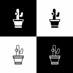 Set Cactus and succulent in pot icon isolated on black and white background. Plant growing in a pot. Potted plant sign. Vector