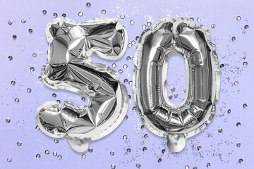Silver foil balloon number, digit fifty on a lilac background with sequins. Birthday greeting card...