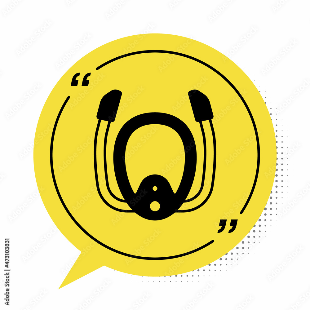 Sticker Black Diving mask with snorkel icon isolated on white background. Extreme sport. Diving underwater equipment. Yellow speech bubble symbol. Vector