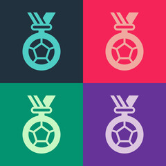 Pop art Football or soccer medal icon isolated on color background. Vector