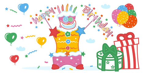 HAPPY BIRTHDAY. Postcard with a funny cake, gifts, heart-shaped balloons with stars, kanfeti, sky, clouds, and the inscription Happy Birthday, on a white background. Vector illustration.
