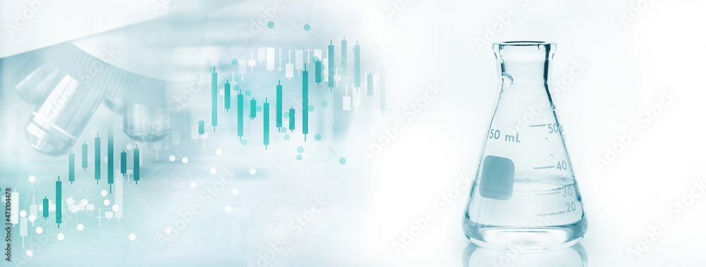 Wall mural glass flask and microscope in soft white blue light medical science lab and research data informatio