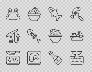 Set line Cutting board and knife, Whale tail ocean wave, Shark, Octopus on plate, Crab, Fish skeleton, Soy sauce bottle and Fishing boat icon. Vector