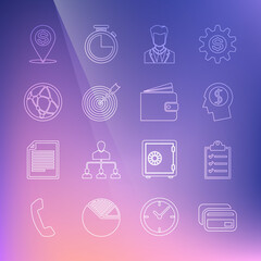Set line Credit card, Clipboard with checklist, Business man planning mind, User of business suit, Target arrow, Social network, Cash location pin and Wallet icon. Vector