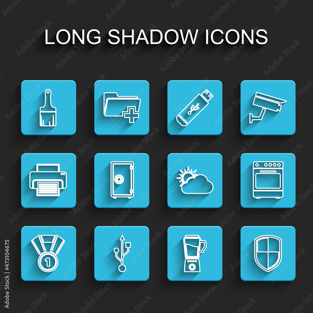 Sticker Set line Medal, USB, Paint brush, Blender, Shield, Safe, Oven and Sun and cloud weather icon. Vector