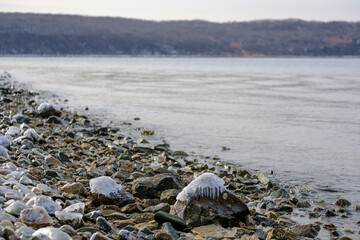 winter sea shore in city