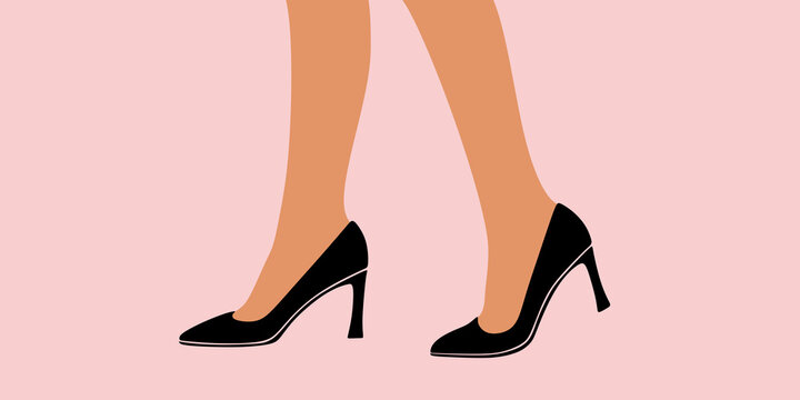 Shoe, boots, footwear. Woman, female, girls shoes. Сlassic shoes. Business woman style. Feet, legs walking in elegant closed toe high heel shoes pump. Colorful Isolated flat vector illustration   