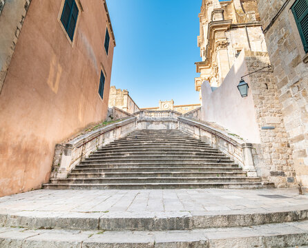 Baroque staircase in Old Town Dubrovnik, the way to Church of St. Ignatius. Famous place for tourist, known as walk of shame.