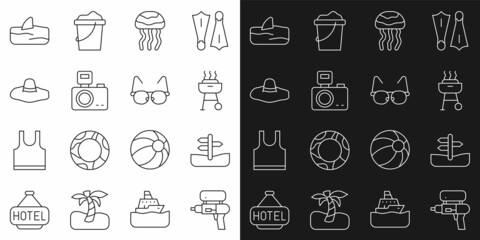 Set line Water gun, Road traffic sign, Barbecue grill, Jellyfish, Photo camera with flash, Elegant women hat, Shark fin in ocean wave and Glasses icon. Vector