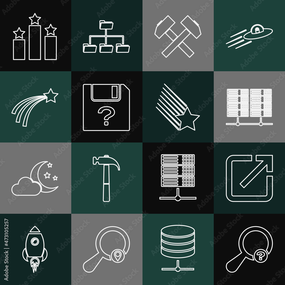 Poster set line unknown search, open in new window, server, data, web hosting, two crossed hammers, documen