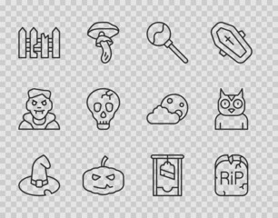 Set line Witch hat, Tombstone with RIP written, Lollipop, Pumpkin, Garden fence wooden, Skull, Guillotine and Owl bird icon. Vector