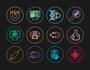 Set line Crossed bandage plaster, Bioengineering, Genetic, Clinical record on monitor, Magnet with lightning, Customer attracting and icon. Vector